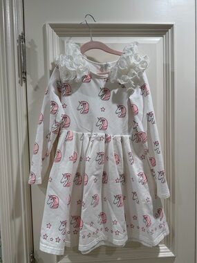 Girls White Long-Sleeve Dress with Pink Unicorn Print